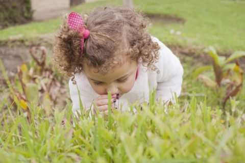 Girl smelling flower