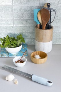Grater with garlic on kitchen counter