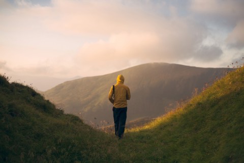 Rear view of man hiking in the Carpathian Mountain Range