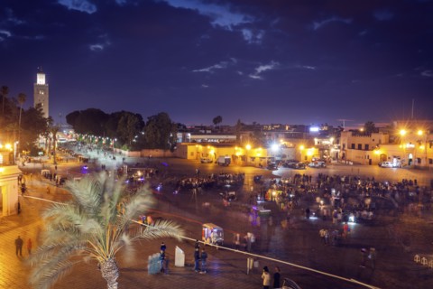 Koutoubia Mosque on Djemma el Fna square at sunset in Marrakesh, Morocco