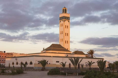 Eddarham Mosque at sunset in Dakhla, Morocco