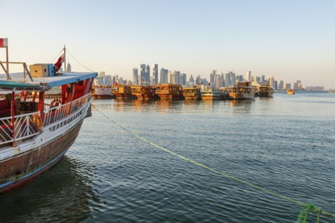 Port by skyline of Doha, Qatar