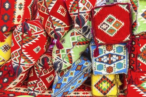 Bright textiles in market in Doha, Qatar