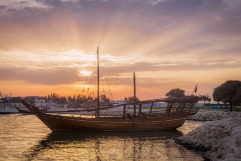 Boat at sunset in Doha, Qatar