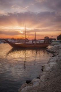 Boat at sunset in Doha, Qatar