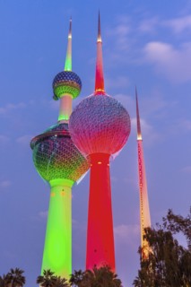 Lit Kuwait Towers in Kuwait City, Kuwait