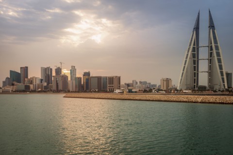 Skyline with Bahrain World Trade Center in Manama, Bahrain