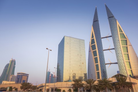 Low angle view of Bahrain World Trade Center in Manama, Bahrain