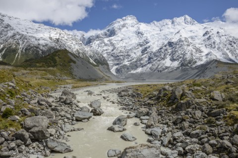River through Hooker Valley in Mount Cook National Park, New Zealand