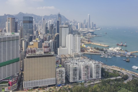 Cityscape by sea in Hong Kong, China
