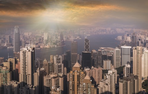 Cityscape at sunset in Hong Kong, China