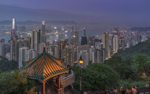 Cityscape from Victoria Peak at sunset in Hong Kong, China