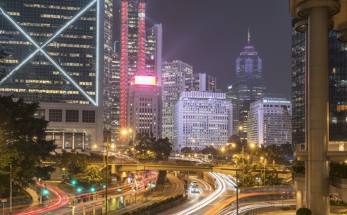 Long exposure shot at night in Hong Kong, China