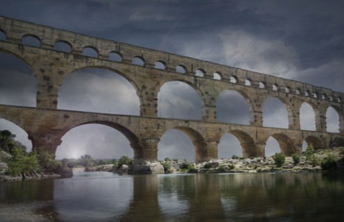 Pont du Gard at night in Vers-Pont-du-Gard, France