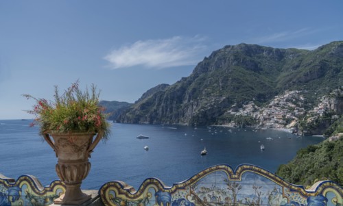 Flower pot on wall in Positano on Amalfi Coast, Italy