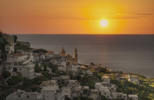 Village of Praiano at sunset on Amalfi Coast, Italy
