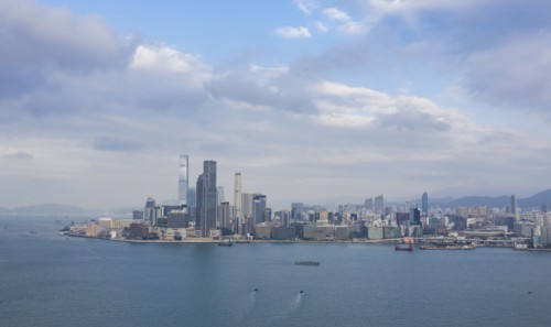 Skyline by sea in Hong Kong, China