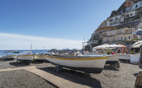Boats on beach in Positano on Amalfi Coast, Italy