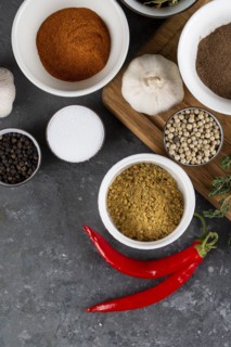 Herbs and spices with chili peppers