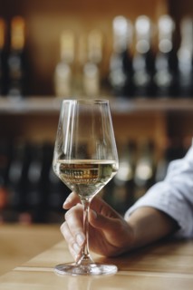 Woman's hand holding glass of white wine