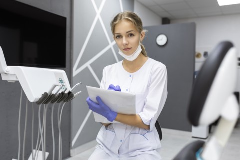Dental assistant writing notes