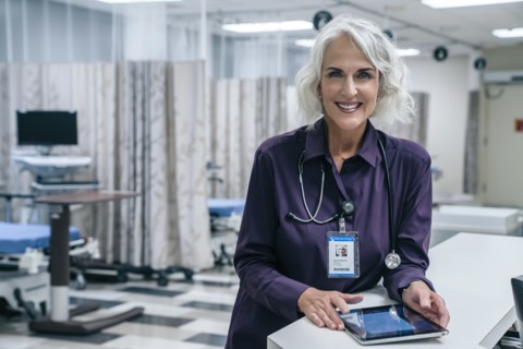 Smiling doctor holding digital tablet in hospital