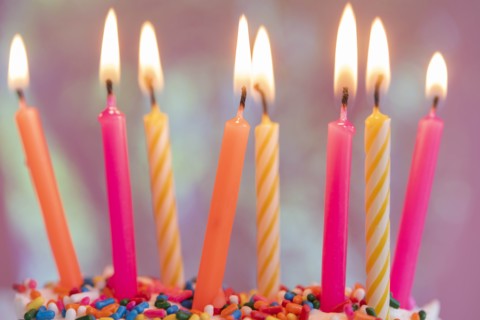 Lit candles on birthday cake