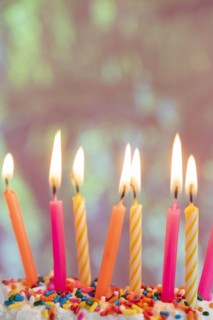 Lit candles on birthday cake