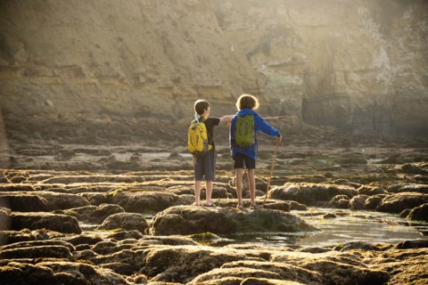 Teenage boys on rocks by tide pool in La Jolla, California