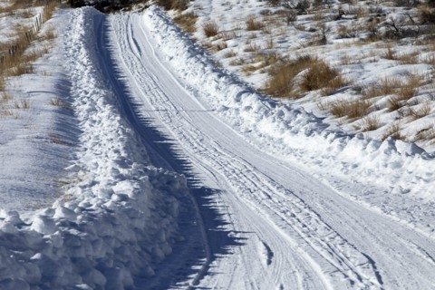 Tire tracks through snow
