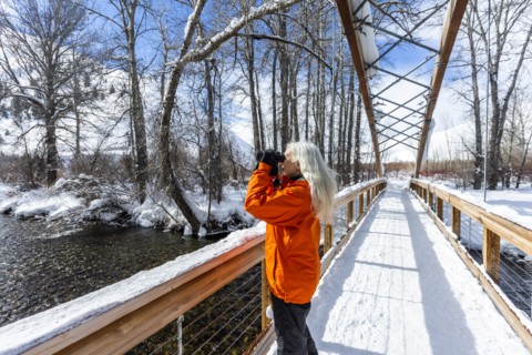 Mature woman using binoculars on snow covered footbridge