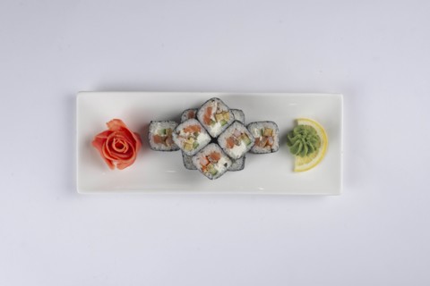 Plate of sushi with pickled ginger and wasabi