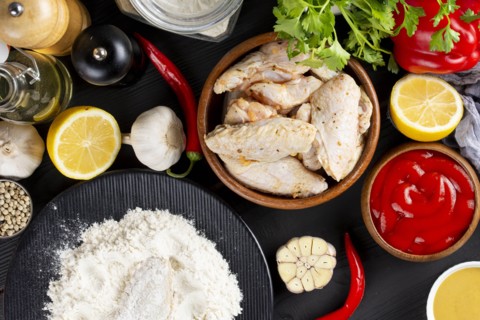 Raw ingredients including vegetables and flour