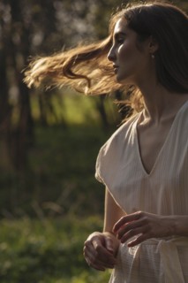 Windswept woman with brown hair