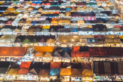 High angle view of night market in Bangkok, Thailand