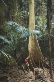 Young woman in swimsuit leaning on large tree in Krabi, Thailand
