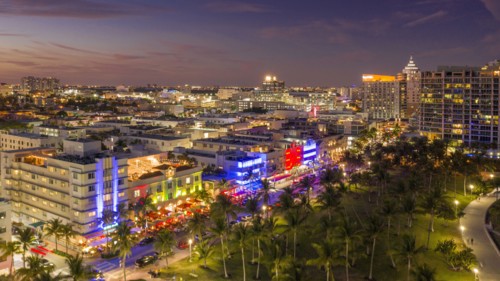 Cityscape at sunset of South Beach in Miami, USA