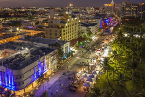 Cityscape at sunset of South Beach in Miami, USA