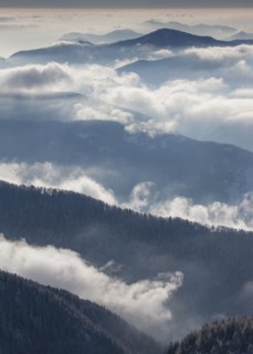 Fog over forest covered mountains in Piedmont, Italy