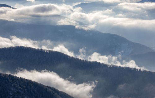 Fog over forest covered mountains in Piedmont, Italy