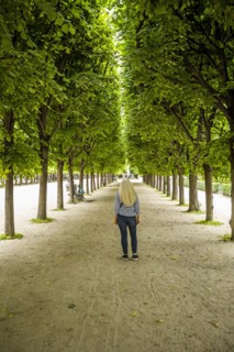 Woman between rows of trees in Palais-Royal gardens in Paris, France