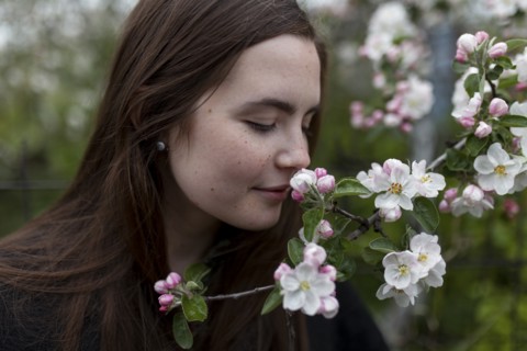 Young woman smelling white blossoms
