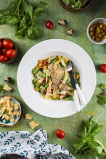 Chicken salad with cheese and croutons