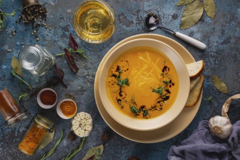 Bowl of soup with white wine