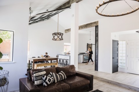Mother and children in kitchen and dining room