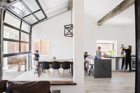 Mother and children in kitchen and dining room