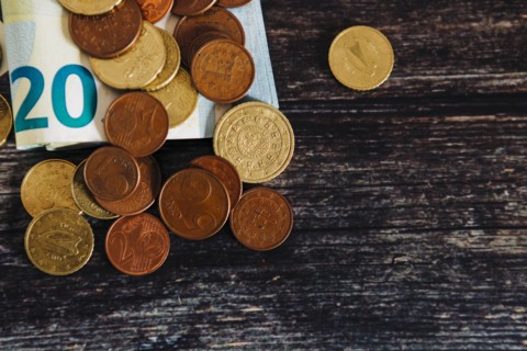 Euro coins on twenty Euro note