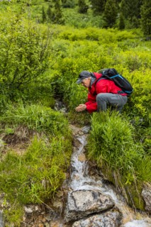 Senior man drinking from stream