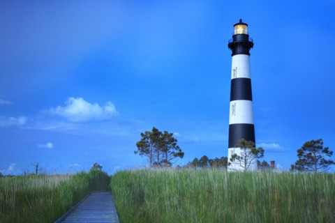 Bodi Island Lighthouse at sunset in North Carolina