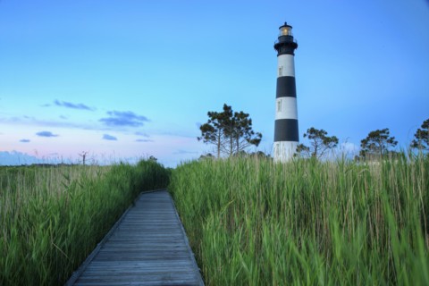 Bodi Island Lighthouse at sunset in North Carolina